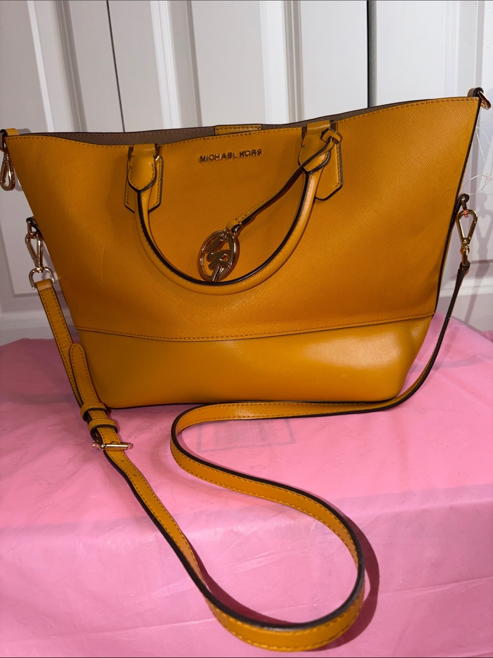 Michael Kors Yellow Saffiano Leather Satchel with Detachable Strap